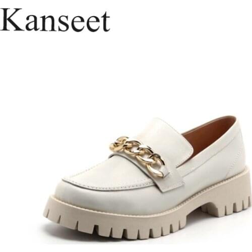 Kanseet Mid Heels Chain Loafers Shoes 2021 Woman Pumps Genuine Leather Platform Chunky Heel Round Toe Ladies Black Footwear