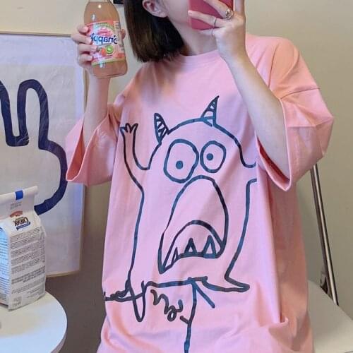Summer New Style Interesting Little Monster Lady Fashion T-Shirt Harajuku Street Cartoon Print O-Neck Lady Loose T-Shirt