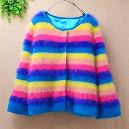 Knit Cardigan Women tops Sweater Coat 2020 mink cashmere knitted sweater coat outwear slim Long Sleeve Rainbow Stripe femme