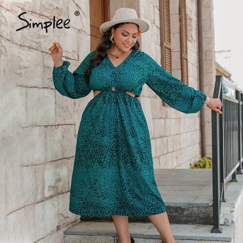 Simplee Bohemian plus size leopard A-line v-neck hollow out women dress Holiday lantern sleeve maxi dresses Female green vestido