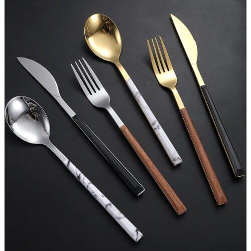 5pcs Vajilla Marble Dinnerware Set Steak Knife Stainless Steel Tableware Knife Fork Coffee Spoon Vajilla Dishwash Cutlery Set