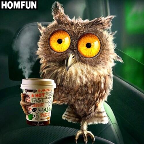 HOMFUN Full Square/Round Drill 5D DIY Diamond Painting "Drink coffee owl" Embroidery Cross Stitch 5D Rhinestone Home Decor