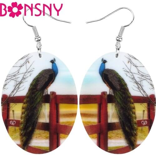 Bonsny Acrylic Oval Peacock Peafowls Bird Earrings Print Wild Animal Dangle Drop Jewelry For Women Lady Fashion Gift Accessories