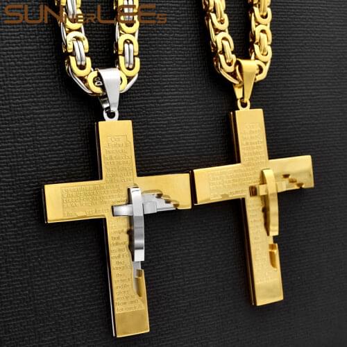 SUNNERLEES Stainless Steel Jesus Christ Cross Pendant Necklace Byzantine Link Chain Silver Color Gold Plated Men Boys Gift SP247