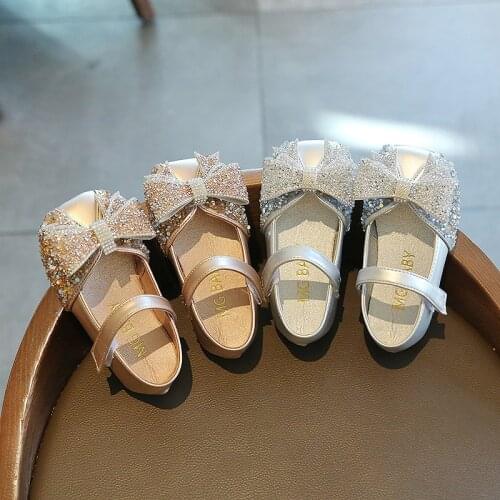 Princess Kids Leather Shoes for Girls Rhinestone Casual Glitter Party Children Girls Shoes Butterfly Knot Silver Gold E04181