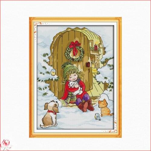 Girls And Animals On Christmas Eve Chinese Cross Stitch Kits Ecological Cotton Stamped Printed 14CT DIY Easy To Use Home Deco