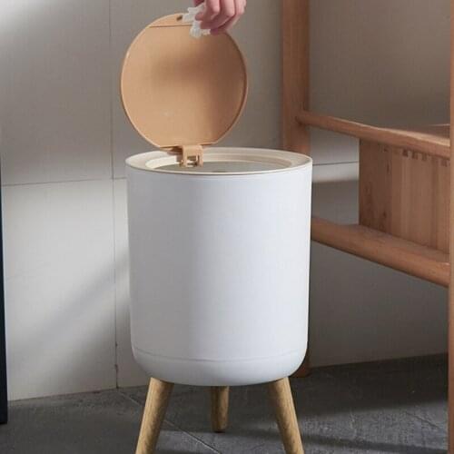 Creative Wooden Trash Can with Lid Press Garbage Rubbish Bin High Foot Waste Container Organizer Bathroom Kitchen