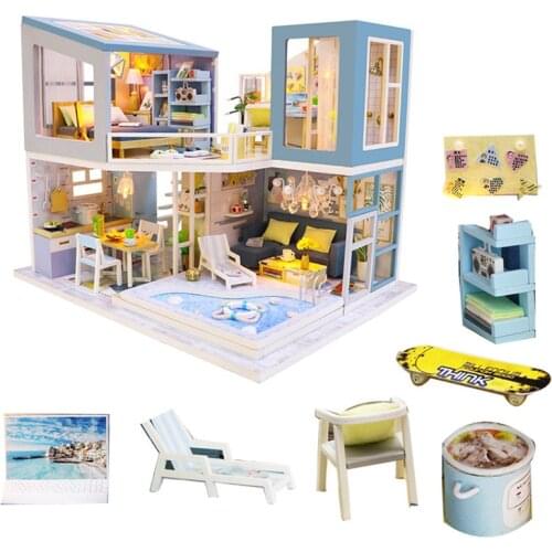 Doll house villa kitchen swimming pool diy dollhouse kit furnitures kids miniature wooden house toy salon de jardin