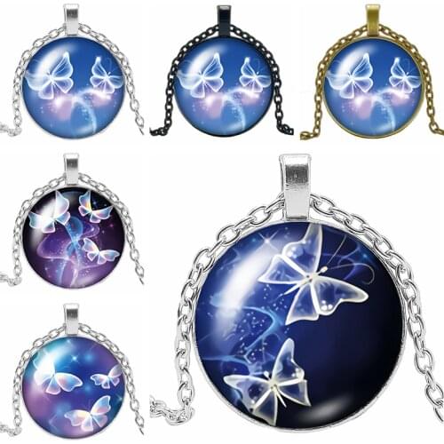 HOT! 2019 New Creative Space Sense Cartoon Butterfly Glass Convex Round Pendant Fashion Charm Girl Jewelry Necklace Accessories
