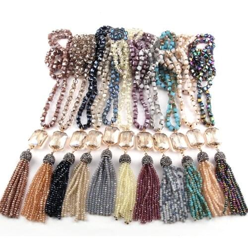Fashion Bohemian Jewelry 6mm Square Glass Long Knotted Crystal Link Tassel Necklaces For Women Necklace
