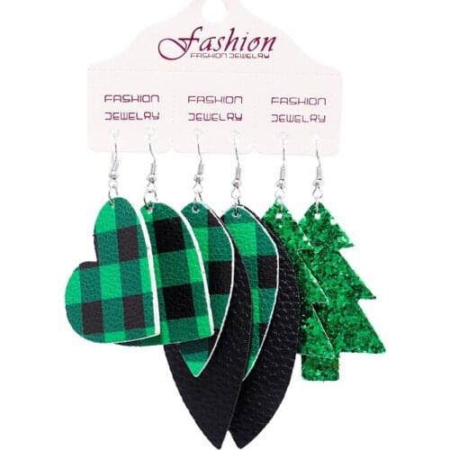 Christmas Pu Leather Earring Set Red Black Plaid Pattern Geometric Tree Statement Geometric Gift Trend Originality Earrings