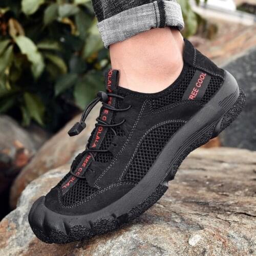 Summer new top layer cowhide mesh shoes hiking shoes wading shoes outdoor breathable mens beach wading shoes non-slip hiking sh