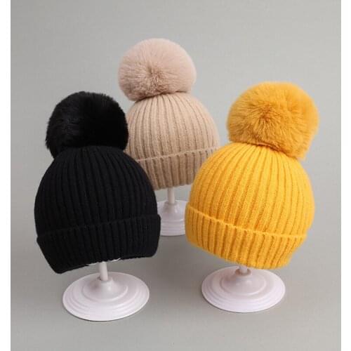 Solid Color Pompom Baby Winter Hat Soft Elastic Knitted Children Beanies for Boys Girls Winter Autumn
