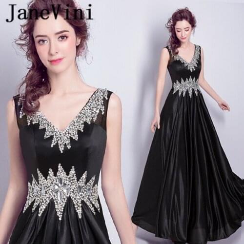 JaneVini Vestidos Black Sequined Crystal Mother of the Bride Dresses Satin A Line V Neck Floor Length Formal Evening Party Gowns