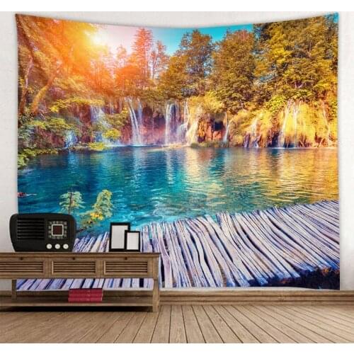 Plus Size Wall Tapestry Beautiful Forest Hanging Waterfall Hd Scenery Beach Towel Nature Tenture Mural Polyester Carpet 95x73cm