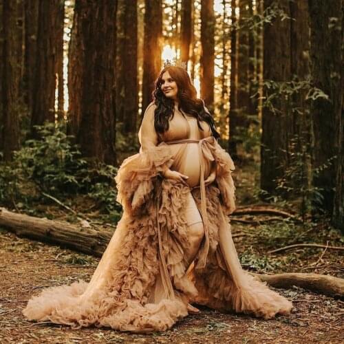 Luxury Dark Champagne Maternity Gown Long Sleeves Puffy Wedding Sleepwear Bathrobes Nightgowns Robes Women Dress Kimono Tiers