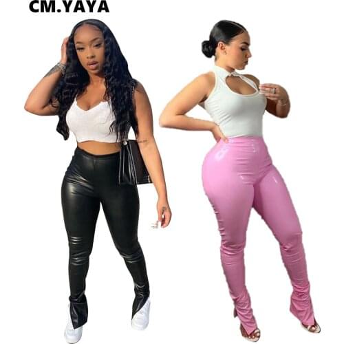 CM.YAYA Activewear Women Faux Leather Zipper Slit Side Pants Leggings High Waist PU Stacked Trousers Draped Streetwear Pants