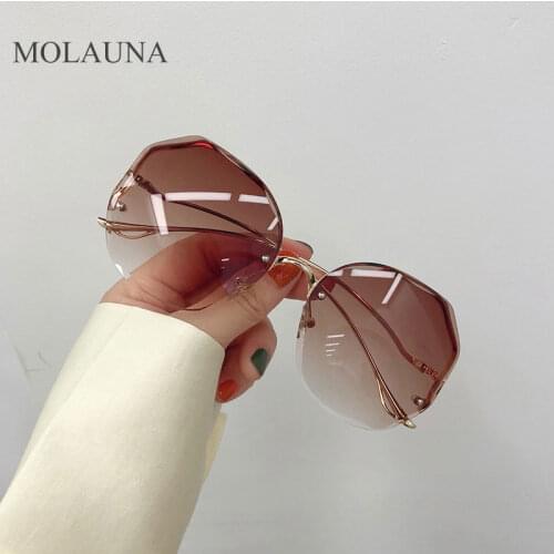 2021 Fashion Rimless Sunglasses Women Black Tea Gradient Metal Sun Glasses Brand Curved Temples Female Glasses Oculos UV400