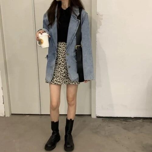 2021 Autumn New Suit-Collar Jean Jackets loose Midi Outerwear Korean Casual High Street Boyfriend Style Solid Woman Denim Coats