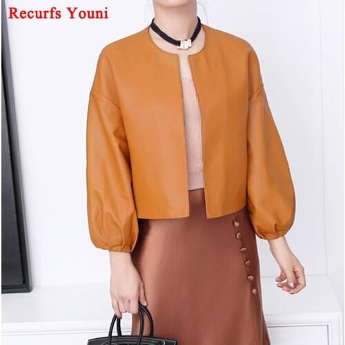 2021 Spring Women Genuine Leather Thin Jacket Female Loose Casual Simple No Button Puff Sleeve Round Neck Coat Chic Mujer Roupas