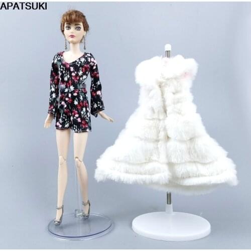 Lady Floral Rompers White Fur Vest Coat For Barbie Doll Outfits Clothes Set for 1/6 Doll Accessories Toys For Children