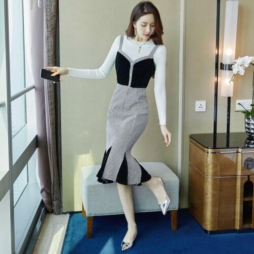 Autumn Winter New Casual Long Sleeves Knitted Pullover Tops + Plaid Long Overalls Mermaid Dress 2 Piece Sets Women Outfits H75