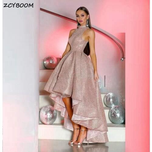 2021 Rose Pink Short Front Long Back Sequined Prom Dress Women Formal Party Night Vestidos De Gala Sleeveless Long Evening Gowns
