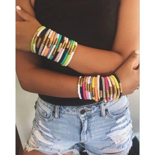 10Pcs/Lot Colorful Polymer Clay 6mm Beads Elastic Stretch Bracelet Fashion Women Polymer Disc Deishi Bracelet Jewelry Handmade