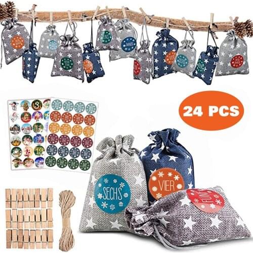 24PCS Christmas Advent Calendar Countdown Bag Candy Gift Sacks Pouch DIY Christmas Decoration Navidad Decoraciones Para El Hogar