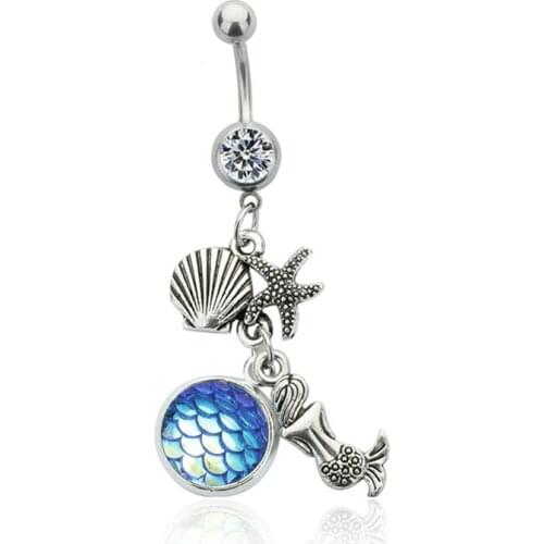 Bohemian 14G Navel Piercing Body Piercing Jewelry Silver Color Rainbow Scales Mermaid Shaped Dangle Belly Button Ring for Women