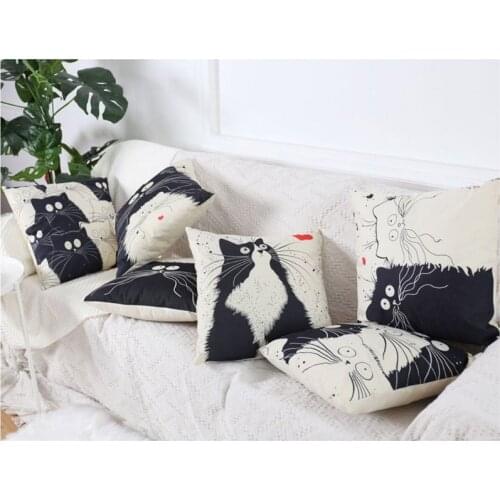 Cartoon Lover Black White Cat Print Throw Pillow Case Polyester Decorative Cushion Cover for Sofa Couch Car Bedroom