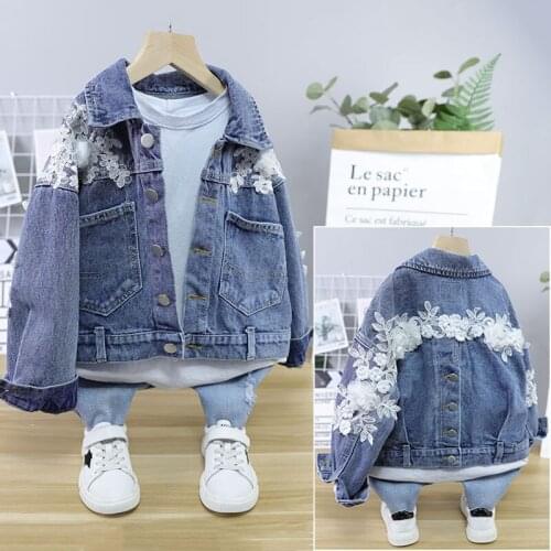 Childrens Denim Jacket 2021 Sprinf Autumn New Baby Girls Korean Version of Three-dimensional Flower Stitching Jacket Girls Coat