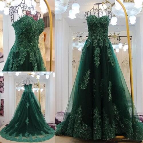 Elegant Sweetheart Lace Applique Crystal Beadings Green Evening Dresses Ball Gown Lace Up Back Prom Dress robe de soiree longue