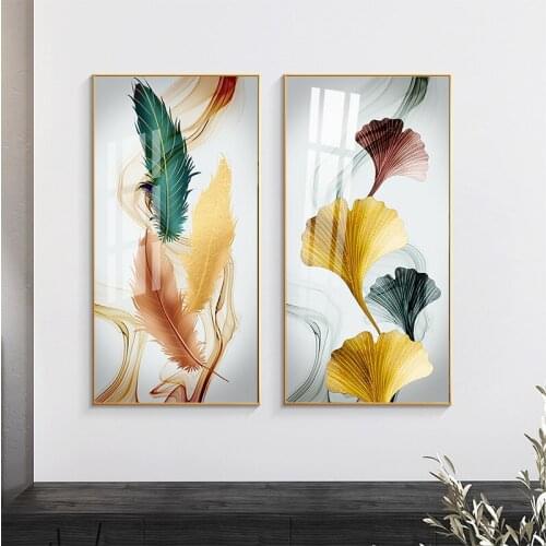 Elegent Bright Colors Canvas Poster Painting Ginkgo Leaves Feathers Wall Art Print HD Pictures for Living Room Home Decoration