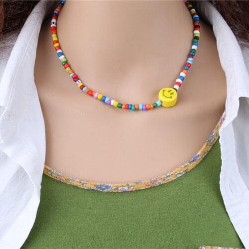 European And American New Necklaces, Bohemian Smile Short Pendant, Handmade Fashion Color Rice Beads Popular Jewelry