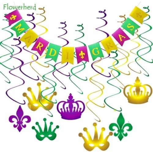 Mardi Gras Banner Swirls Party Decorations 13pcs Strings Garland Carnival Birthday Hanging Decorating Kit March Home Decor