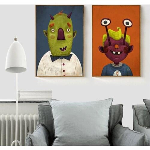 HAOCHU DIY Abstract Art Green Monster Couple Canvas Painting Orange Prints and Pictures Wall Decor For House Hanging Decorative