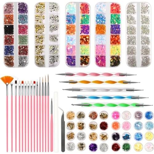 Nail Art Tools Decoration Kit Sequins Foil Flakes with Tweezer Paint Pen Brush