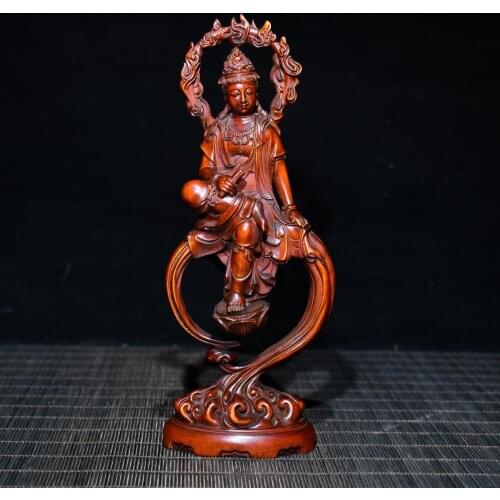 7"China Lucky Old Boxwood Hand-carved Back light Free Avalokitesvara sit moon Office Ornaments Town House Exorcism
