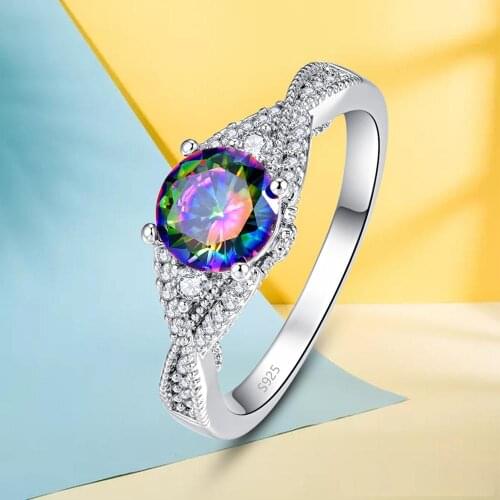J.C Round Cut Mystic Rainbow & White Topaz 925 Sterling Silver Ring Size 6 7 8 9 Women Dazzling Party Jewelry Gift