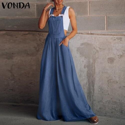 Summer Denim Jumpsuits VONDA Women Sleeveless Solid Dungaree Palazzo Pants Wide Leg Trousers Oversize Pantalones Office Overalls