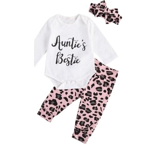 0-24M Newborn Baby Girl Autumn Clothing Set Long Sleeve Letter Printed Romper Cotton Top Leopard Printed Pant 3Pcs