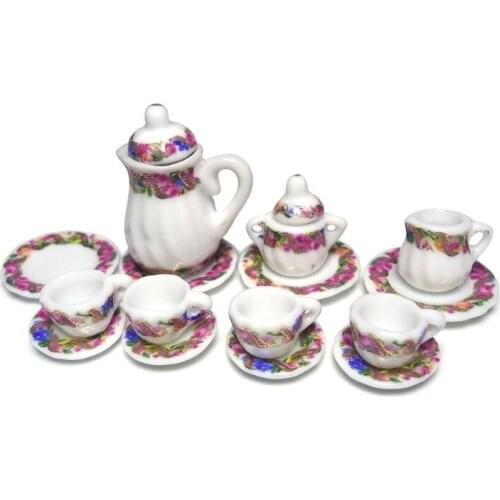 1:12 Scale Doll House Tableware Miniature Furniture Purple Flower China Porcelain Dolls Ceramic Tea Sets Q0KB