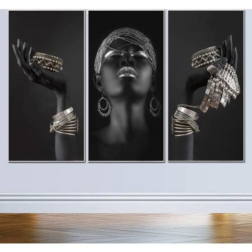 Fashion African Art Black Woman with Gold Jewelry Poster Works Prints Wall Decoration Art Pictures Nordic Room Decoration
