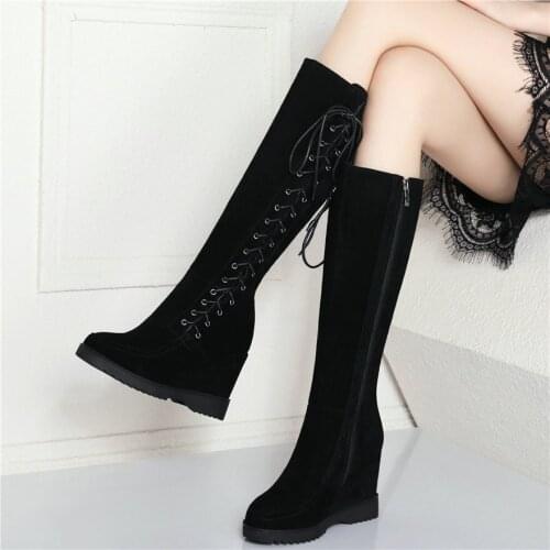 Fashion Sneakers Women Cow Leather Wedges High Heel Winter Mid Calf Boots Female Lace Up Straps Round Toe Thigh High Pumps Shoes