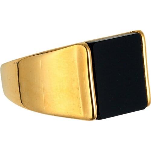 New Fashion Retro Golden Square Black Gemstone Ring Fashion Mens Jewelry Titanium Steel Mens Ring Jewelry