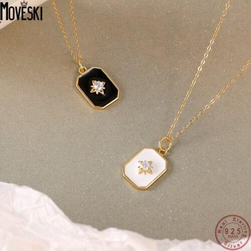 MOVESKI 925 Sterling Silver Zircon Black Epoxy Star Necklace Women Creative Personality Jewelry Birthday Party Gift
