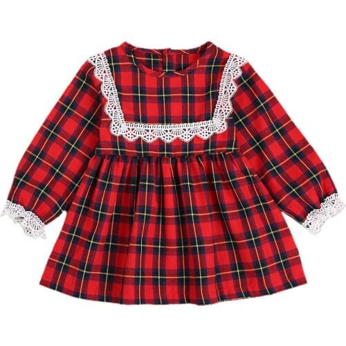 Christmas Infant Girls Red Long Sleeve Dress Plaid Printed and Lace Pattern Round Collar Princess Dresses 0-4 Years