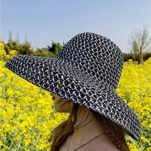 Summer hats women big brim round top black grey women sun hats handmade straw luxury elegant solid outdoor beach sun straw hats
