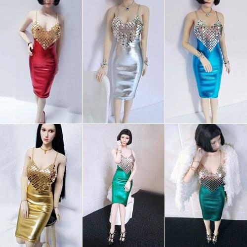 1/6 Scale Sexy Costume Metal Chain Hanging Chest Deep V Hip Tight Skirt Suit Clothes Set For 12 inches Female Action Figure Body